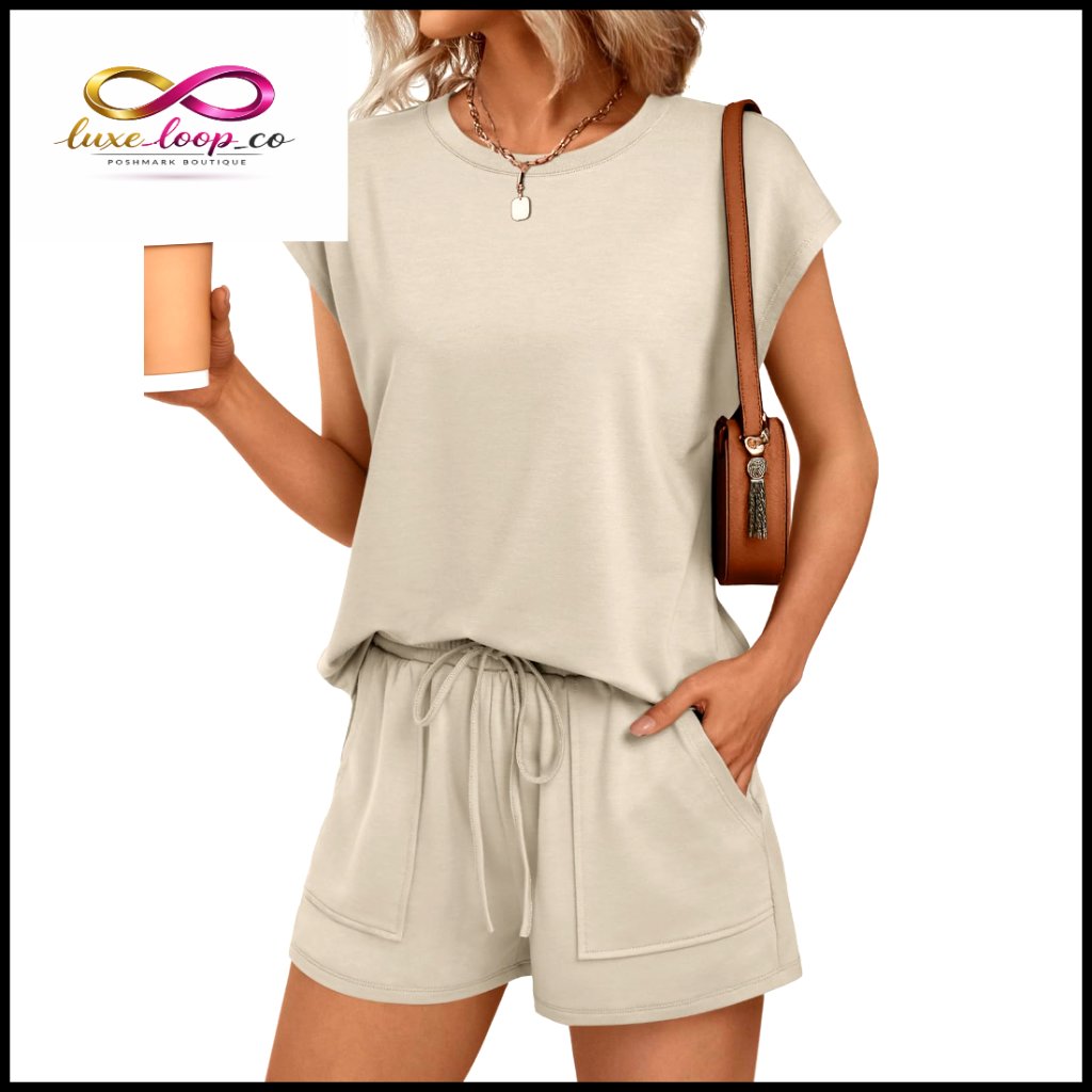 Women's Medium Short Set, Cap Sleeve Top With Drawstring Shorts, Summer